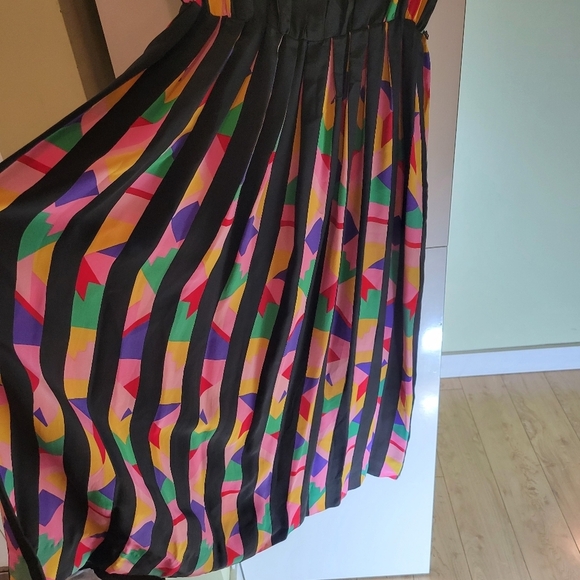 Vintage Albert Nipon womens square neck silk midi dress multicolour pleated 8 - Picture 7 of 14